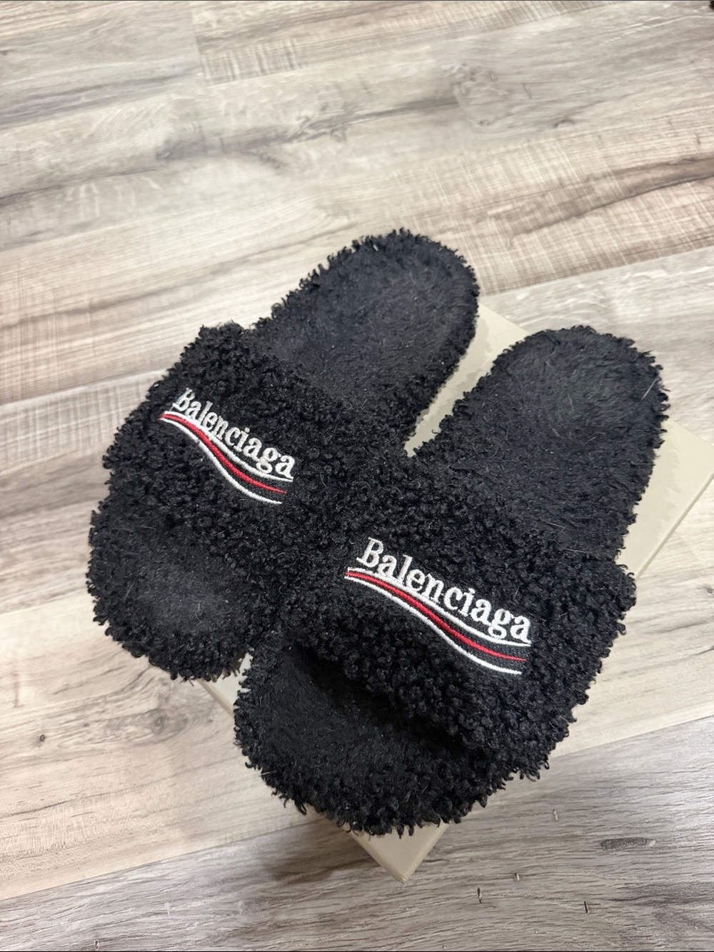 Balenciaga Black Fuzzy Logo Slide Sandals with Red & White Trim